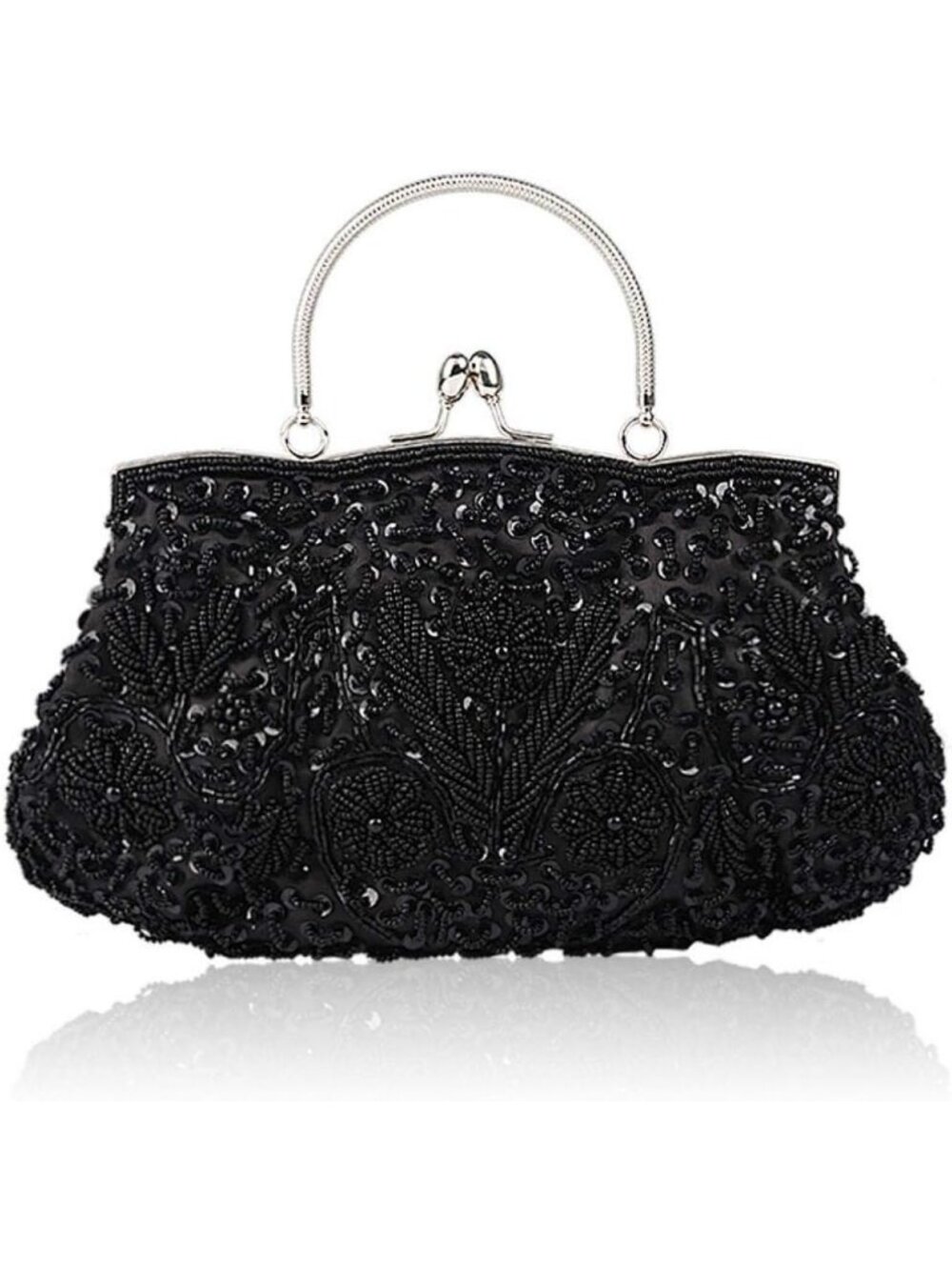 Women's Black Beaded Sequin Floral Vintage Kiss Lock Satin Clutch Evening Bag